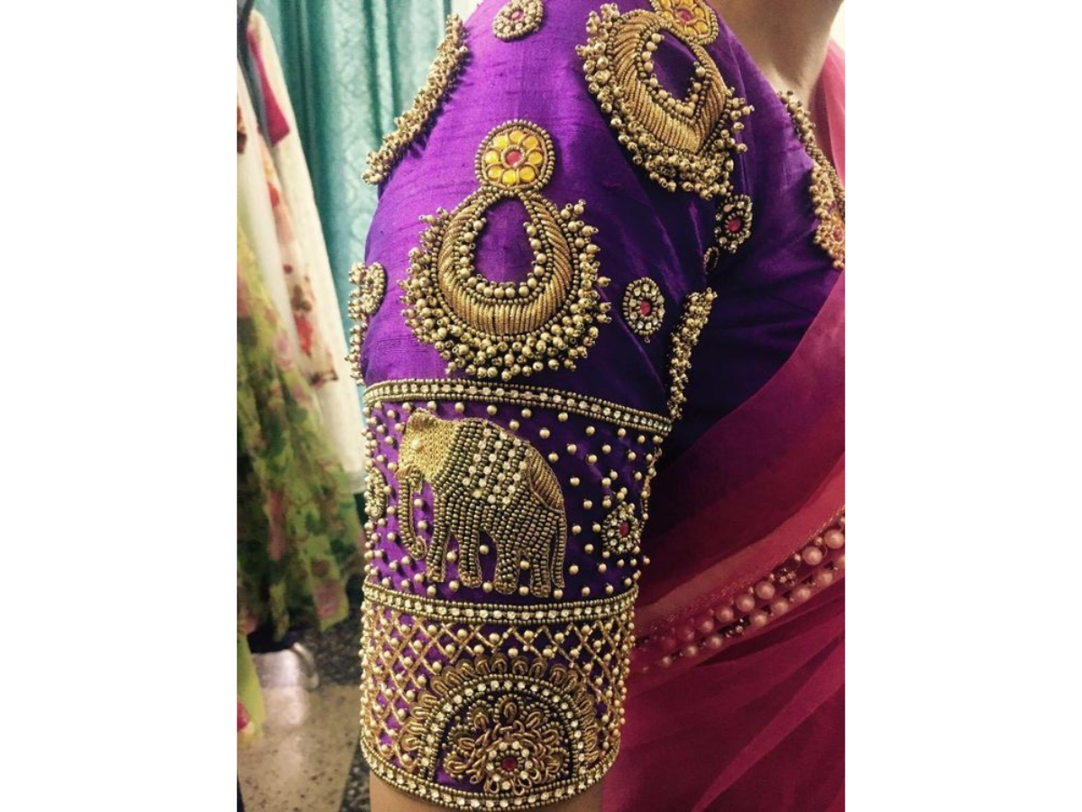 Purple Aari Work Bridal Blouse - Stitched